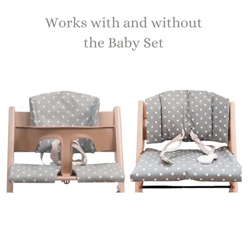 Image of Highchair Cushion for Stokke Tripp Trapp High Chair. Easy to fit, Fully Wipe Clean highchair pad. Suitable for use with Harness (Grey with White Stars)