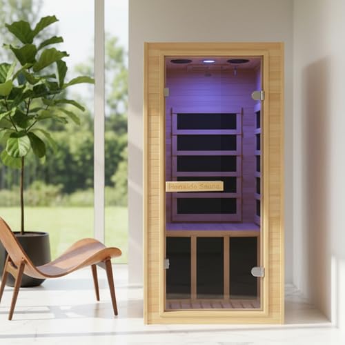 1-Person Home Sauna, Mini Canadian Hemlock Wood Far Infrared Sauna with 5 Low-EMF Carbon Heaters (60-140°F), Bluetooth, Quick 30-Min Setup, Fits Any Room – Home Spa & Wellness Gift(110V/1000W)