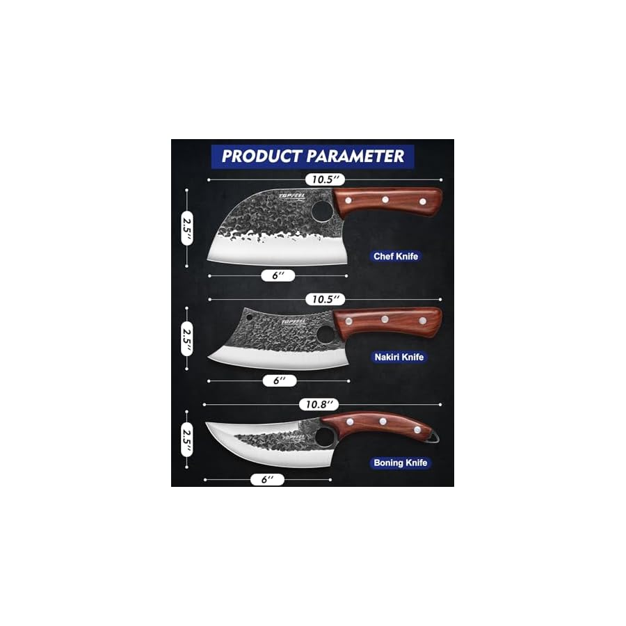 Topfeel 3PCS Butcher Knife Set, Hand Forged Serbian Chef Knife & Meat Cleaver Knife & Viking Knives, Meat Cutting Kitchen Knife Set for Home, Outdoor Cooking, Camping BBQ Gift Idea Men