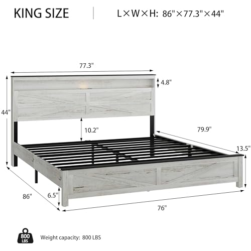 Image of Farmhouse King Size Wooden Bed Frame with Storage Headboard, Rustic Wooden Bedframe with LED Lights and Charging Station, Easy Assembly, No Box Spring Needed (King, White)