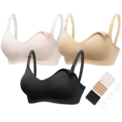 HOFISH Maternity Nursing Bras for Breastfeeding, 3 Pack Pregnancy Deep V Neck Wireless Bra with Extenders & Clips Cover