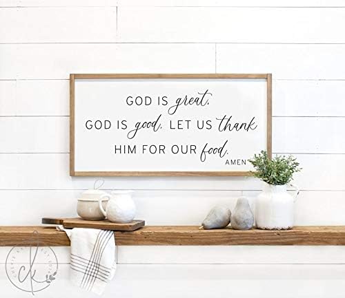 Fprqlyze Rustic Wood Tone 8 inches x 12 inches Religious Wall Art Sign for Kitchen Dining Room - God is Great. Let us thank Him for our food.