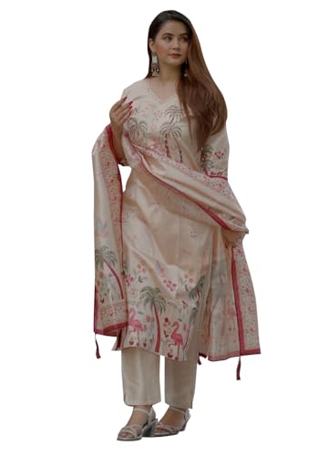 Image of VredeVogel Women's Beads Embroidered Silk Blend Kurta Pant Set with Organza Dupatta | Perfect for Festive & Casual Ethnic Kurta Set for Women