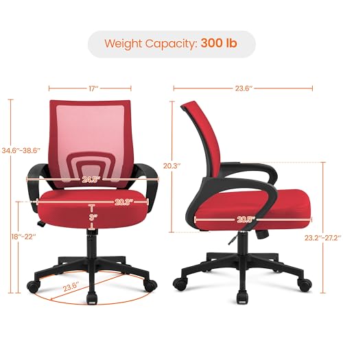 Image of Yaheetech Red Modern Ergonomic Office Chair, Mid Back Mesh Task Chair with Lumbar Support, Adjustable Height, Rolling Swivel, 300lb Capacity