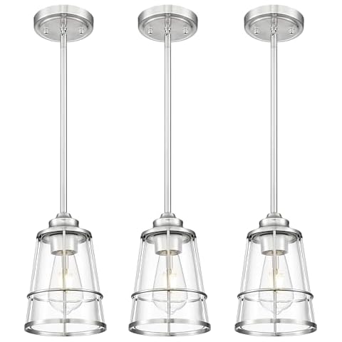 JAZAVA Cage Hanging Light Fixture, Glass Pendant Light with Brushed Nickel Finish for Kitchen Island Dining Room Bedroom Hallway Foyer (3 Pack) Cover