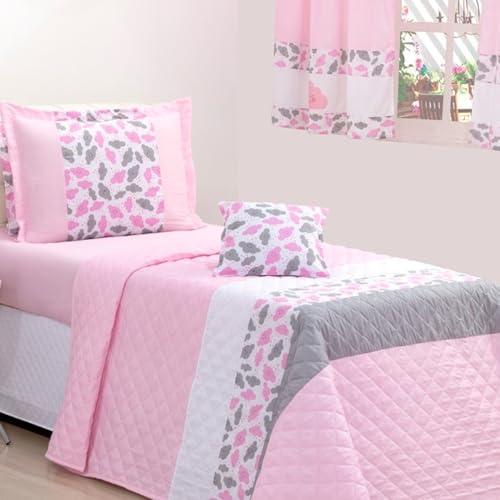 Kit Cobre Leito Colcha Solteiro Cama Infantil Núvem Rosa 3 Peças Decoração Quarto Menina Rosa e Cinza