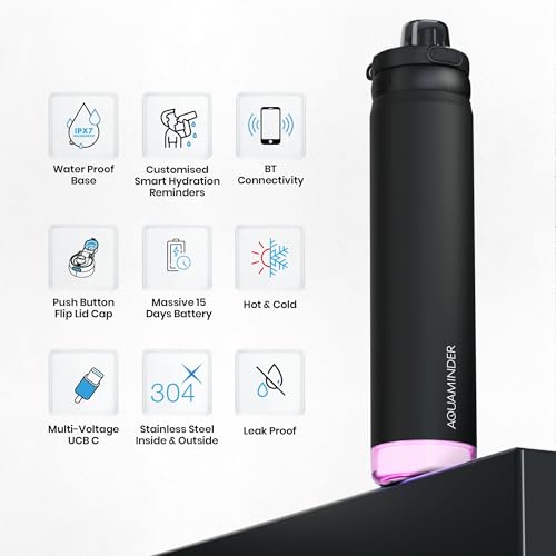 Image of Aquaminder Rio Prime+ Smart Water Bottle, 700 ml with Beep & Glow Reminder Double Wall Stainless Steel, Hot & Cold Retention, 15-Day Battery (Black)