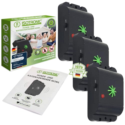 ISOTRONIC mobiler Hundeschreck Katzenschreck mit Ultraschall | für Scheune, Garten, Auto und Garage | besonders hohe Töne, Wechselfrequenz gegen Gewöhnungseffekt - 3 Stück