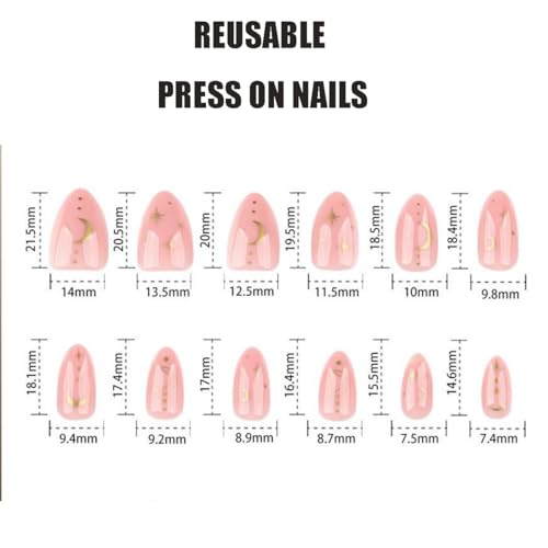 Image of Star Press on Nails Nude Fake Nails Medium Almond False Nail with Design Gold Moon Glue on Nails Artificial Acrylic Nail Full Cover Stick on Nail for Women Girls Manicure 24pcs