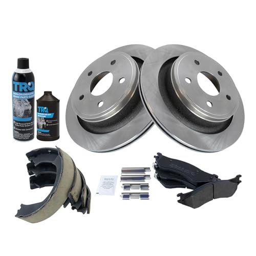 Image of TRQ Rear Brake Pad & Rotor Kit, with Chemical Kit Parking Brake Shoe Set Semi-Metallic Compatible with 2004-2006 Dodge Ram 1500