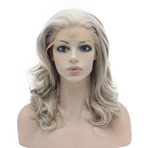 Mxangel Medium Long Wavy Grey Blonde Synthetic Hair Lace Front Wig Natural