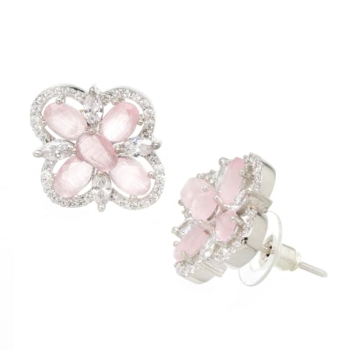 Rhodium-Plated American Diamond Floral Stud Earrings
