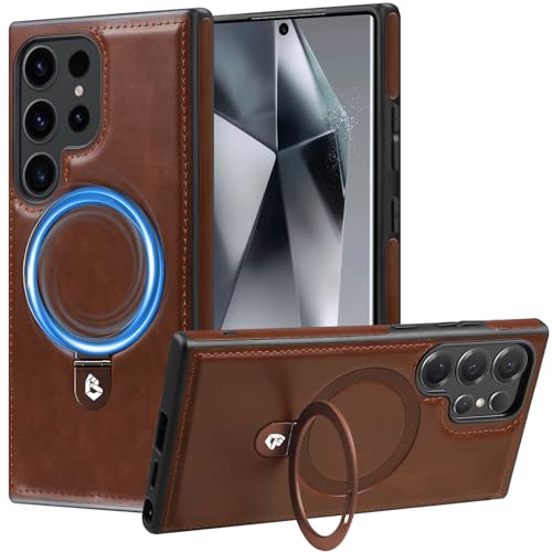 Hovisi World First Galaxy S23 Ultra case with MagicStand [Invisible Kickstand] Slim PU Leather & Rubber Shockproof Magnetic Ring Protective Case for Samsung Galaxy S23 Ultra 5G Dark Brown