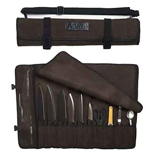 Asaya Canvas Chef Knife Roll Bag - 10 Knife Slots and a Large Zipper Pocket - Durable 10oz Canvas Knife Case with an Adjustable Shoulder Strap - Knives not Included