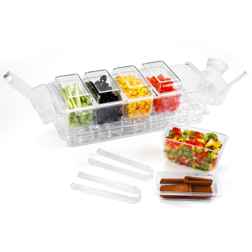 Ice Chilled Condiment Server with Detachable Ice Box & Side Bins – Cold Food Organizer for Taco Bar, Salad, Fruit – Includes Tongs, Spoons, Forks, BPA-Free