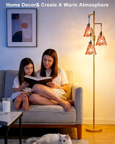 Image of Lightdot 67 inch Glass Floor Lamps for Living Room, 3-Light Dimmable Floor Lamp with Rose Red Glass Shade& Bulbs Included, Mid Century Standing Tall Lamp with 5Lbs Heavy Base for Bedroom /Sofa Beside-Gold