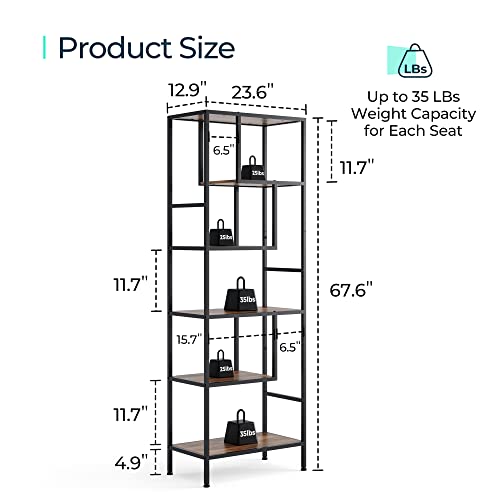 Linsy Home Bookshelf, 5 Tier Wood And Metal Book Shelf, 68 Inches Display Tall Bookcase, Open Display Shelves For Living Room Bedroom Home Office, Brown #TOP3