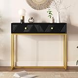 Stripe Design Entryway Console Table with 2 Storage Drawers and Metal Legs for Dining/Living Room, Modern Sofa Sidetable with Adjustable Foot Pads for Bedroom Hallway Front Hally -  FULife