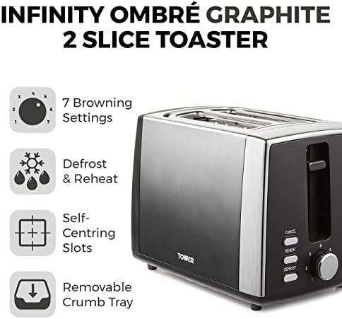 Tower T20038GRP Infinity Ombré 2 Slice Toaster, 900W, Graphite