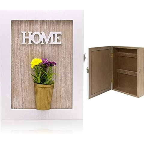 Maison Des Cadeaux Wooden 6 Key Box Wall Mounted Cabinet 'Gold Vase/Flower' Key Holder (US369), White Cover
