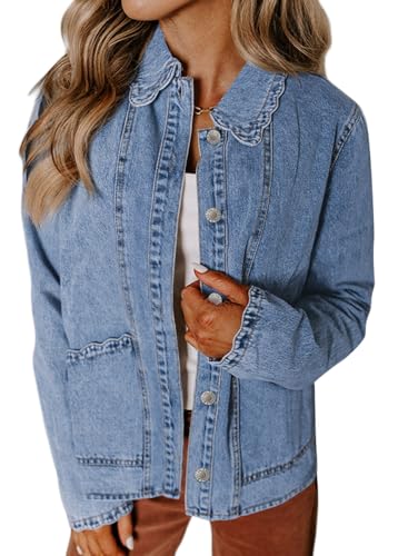 Sidefeel Women's Denim Jacket Ruffled Jean Shacket Iceland Blue XL