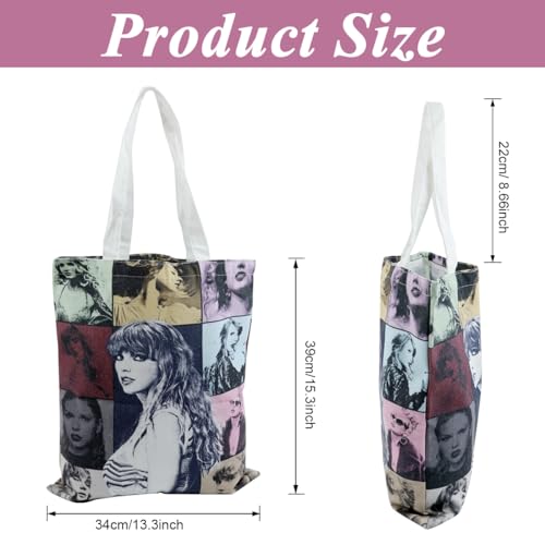 PALAY Girls Everyday Tote Taylor Swift Print Canvas Bag Cartoon Picture Print Shopping Bag Zipper Bag Book Bag Taylor Swift Fans Merchandises Gift Tote Bag, Black, 45x10x35 cm