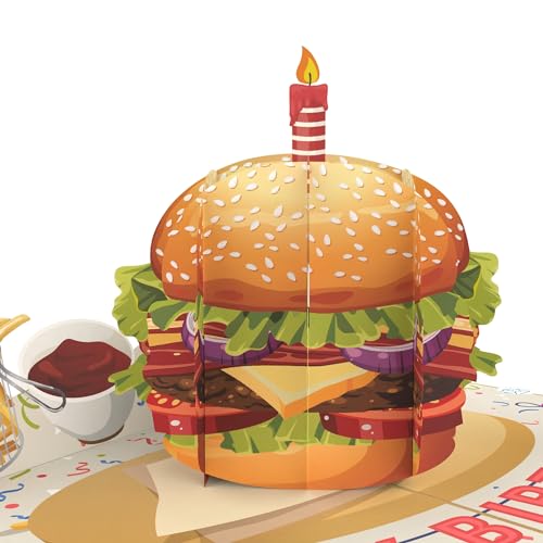 MOKIO® Tarjeta Pop-Up – Hamburguesa con vela – divertida tarjeta de felicitación en 3D para un cumpleaños, Tarjeta de cumpleaños emergente