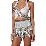 Disfraz de danza del vientre para mujer, 2 piezas, parte superior de lentejuelas y falda de cadera, juego de falda de lentejuelas con flecos, juego de baile sexy, atuendo para festival, disfraz de