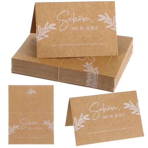 LIQWEI 50 Stück Kraftpapier Tischkarten, Schön Dass Du Da Bist Namenskarten 110x85mm...