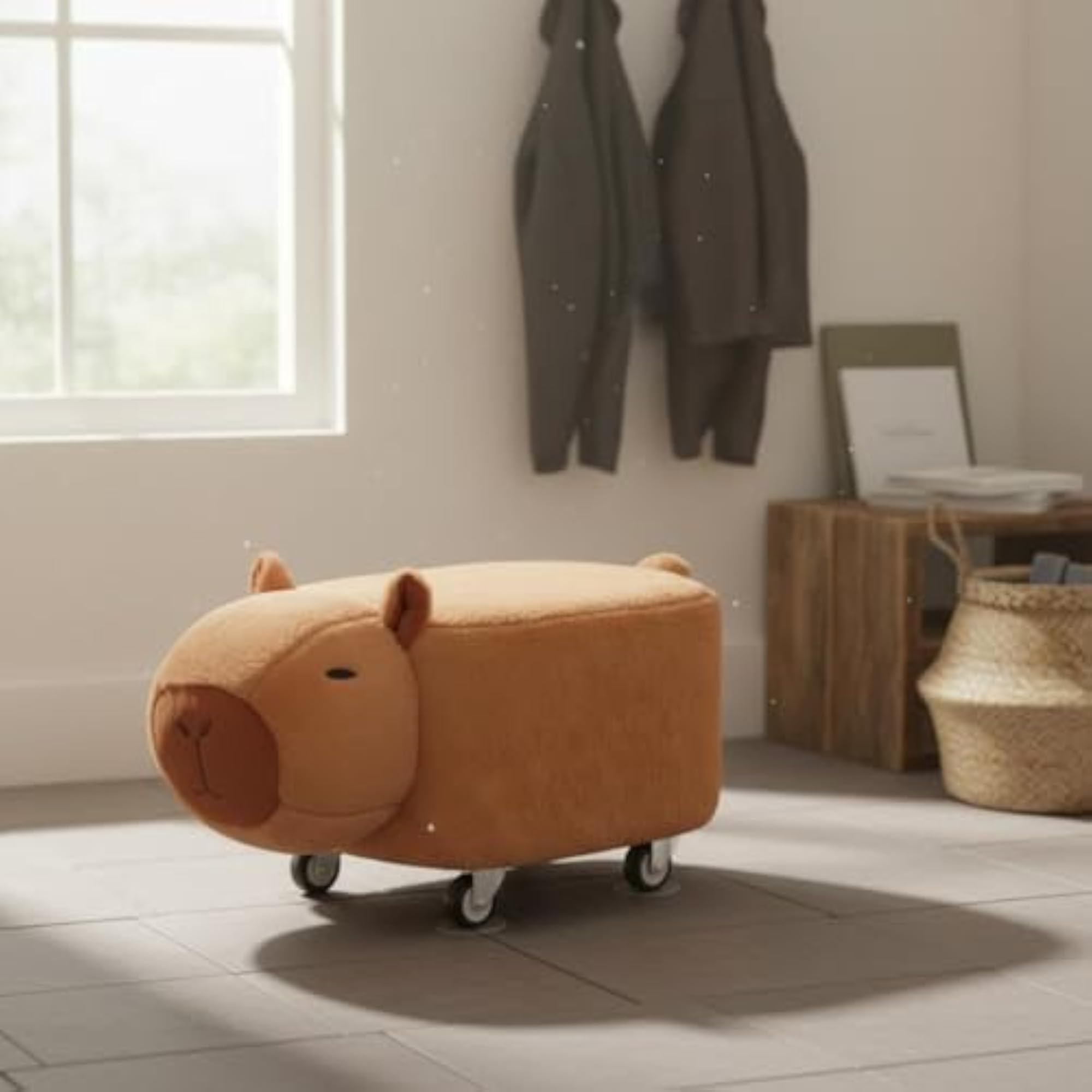 Wheeled Capybara Foot Stool with Soft Velvety Cover for Living Room & Entryway