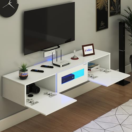 Image of Anikaa Lucen Wall Mount Modern Floating TV Unit for Living Room | 3 Closed Storage cabinets with hinged Door - Blue Color LED Light | Ideal for UP to 65 Inch TV (White Finish - DIY Installation)