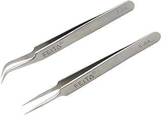 FEITA Precision Tweezers - Professional Stainless Steel Straight & Curved Pointed Very Fine Tips Tweezer set for Eyelash Extension, Lash Extensions, Hair Plucking (Silver 2Pcs)