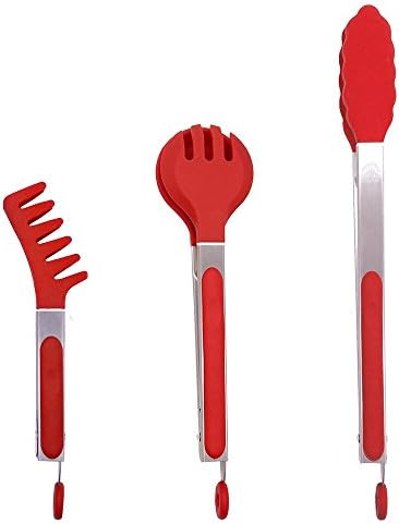 Set of 3 Stainless Steel Food Tongs with Silicone Tips, CNYMANY 3 Types 8" 10" 13" Heavy Duty Non-Stick Clamp Clip for Kitchen BBQ Cooking Grilling Buffet Noodles Salad Steak - Red