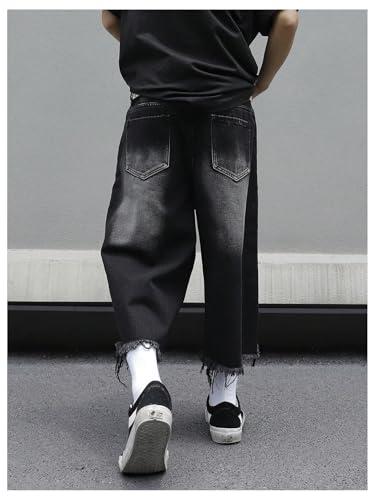 SweatyRocks Men's Ripped Wide Leg Cropped Jeans Raw High Waist Loose Denim Pants Streetwear2