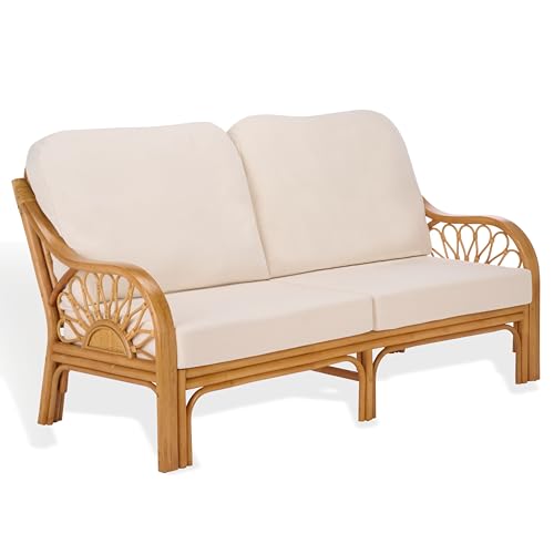 SAFAVIEH Couture Collection – Isaias Rattan Loveseat, Fully Cushioned Two-Seat Sofa with Removable Performance Linen Cushions, Coastal Boho Living Room Seating (CWK4003A)