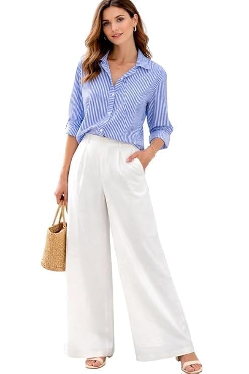 Women’s Blue Striped Button-Down Shirt – Long Sleeve Casual Office Workwear Bl Ouse for Travel & Everyday Wear-image-27