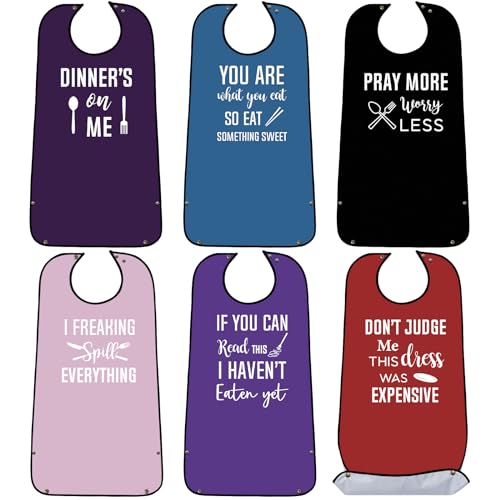 SATINIOR 6 Pieces Adult Bibs for Women Washable Reusable Clothing Protector with Crumb Catcher Beautiful Pattern Bibs(Dinner Style)
