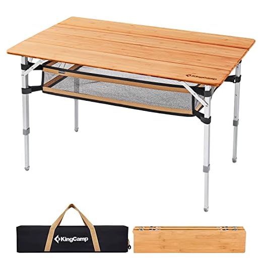 KingCamp Bamboo Folding Table Lightweight Camping Table with Storage Mesh Layer 4-Folds Portable Picnic Camp Table Sturdy Adjustable Height Aluminum Legs for Outdoor Dinning Beach 4-5 Person