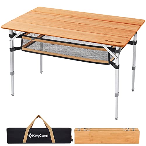 KingCamp Adjustable Height Folding Table, 4-Fold Bamboo Camping Outdoor Portable RV Camp Table with Carry Bag & Storage for Outdoor Car Backyard Picnic Tailgating Beach