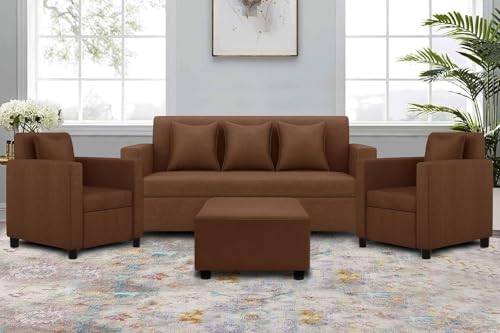 Image of 3+1+1 Seater Sofa Set with Ottoman -Modern Velvet Fabric Sofa Set for Living Room, Deep Seating Comfort with Cushions (Brown Color)