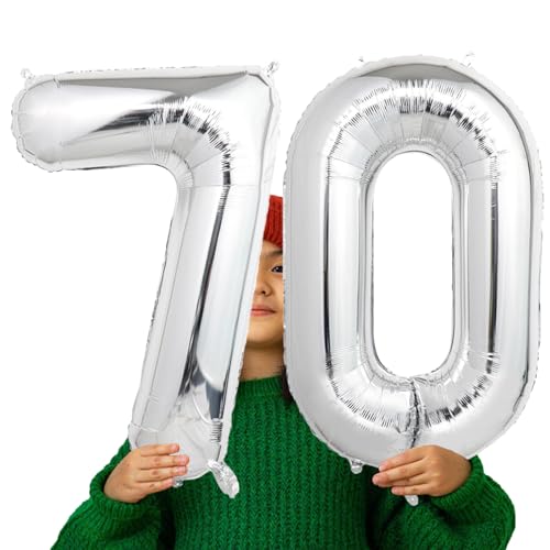 Image of Number Balloons Silver Party Balloon - Giant Number 70 Balloon, 40 Inch Large Balloon for 70th Birthday Decorations, Silver Party Supplies for Anniversary