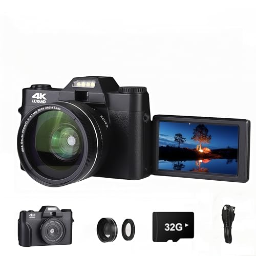 Korons Appareil Photo Numérique- Écran Repliable 3.0 Pouces et Objectif 48MP – Idéal pour Vlogs, Voyages et tournages Quotidiens (Black + Lens,32G)