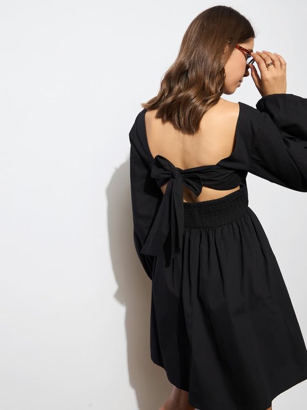 Image of barcino Black Poplin Back Tie Knot Dress