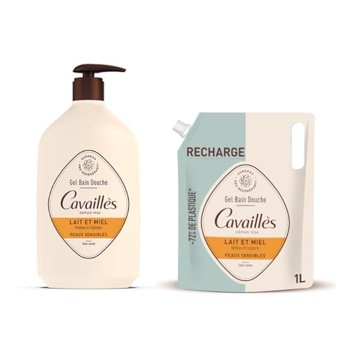 Rogé Cavaillès Gel Bain & Douche Lait & Miel 1L + Recharge 1L – Peaux Sensibles – Gel Lavant Sans Savon Visage & Corps – Format Éco Familial