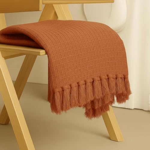 Image of 100% Cotton Waffle Weave Sofa Throw Blanket 50x60 Inches or 125x150 cms Lightweight, Soft & Breathable Couch, Bed or Chair Throw Blanket for Living or Bedroom, Orange