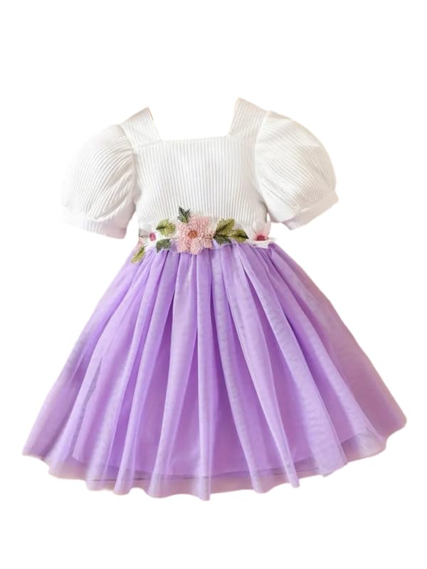 Image of Niren Enterprise Baby Girl Frock - Short Sleeve Embroidered Floral Dress with Belt, Square Neck, 1-Pack