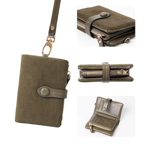 Womens Trifold Leather wallet Rfid blocking Ladies Wristlet with Card holder id window Coin Purse for Women,Corduroy Trifold Wallet Clutch（Dark Green）4