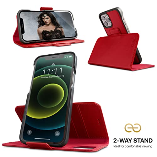 Image of dreem Fibonacci 2-in-1 Wallet Case for Apple iPhone 12 & 12 Pro - Luxury Vegan Leather, Magnetic Detachable Shockproof Phone Case, RFID Card Protection, 2-Way Flip Stand - Red