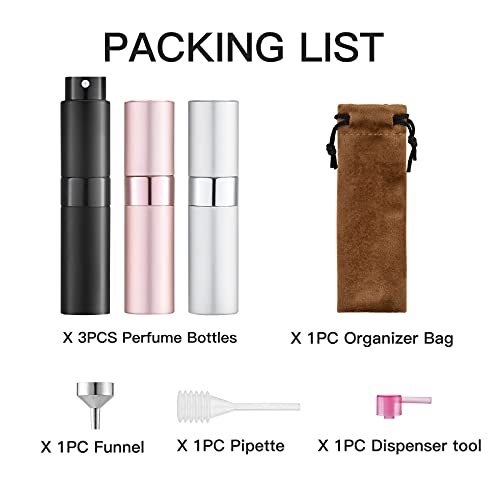 Image of Toureal 8 ml Perfume Atomiser Empty (Pack of 3) Mini Spray Bottle, Perfume Container, Perfume Atomiser Refillable (Silver, Pink, Black)
