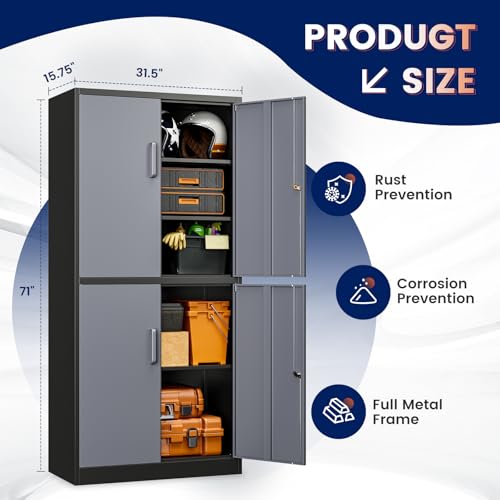 Image of Yizosh Metal Storage Locking Cabinet with 4 Doors and 2 Adjustable Shelves,71 inch Lockable Garage Tall Steel Cabinet,for Home Office,Living Room,Pantry,Gym,Commercial Storage (Gray Black)
